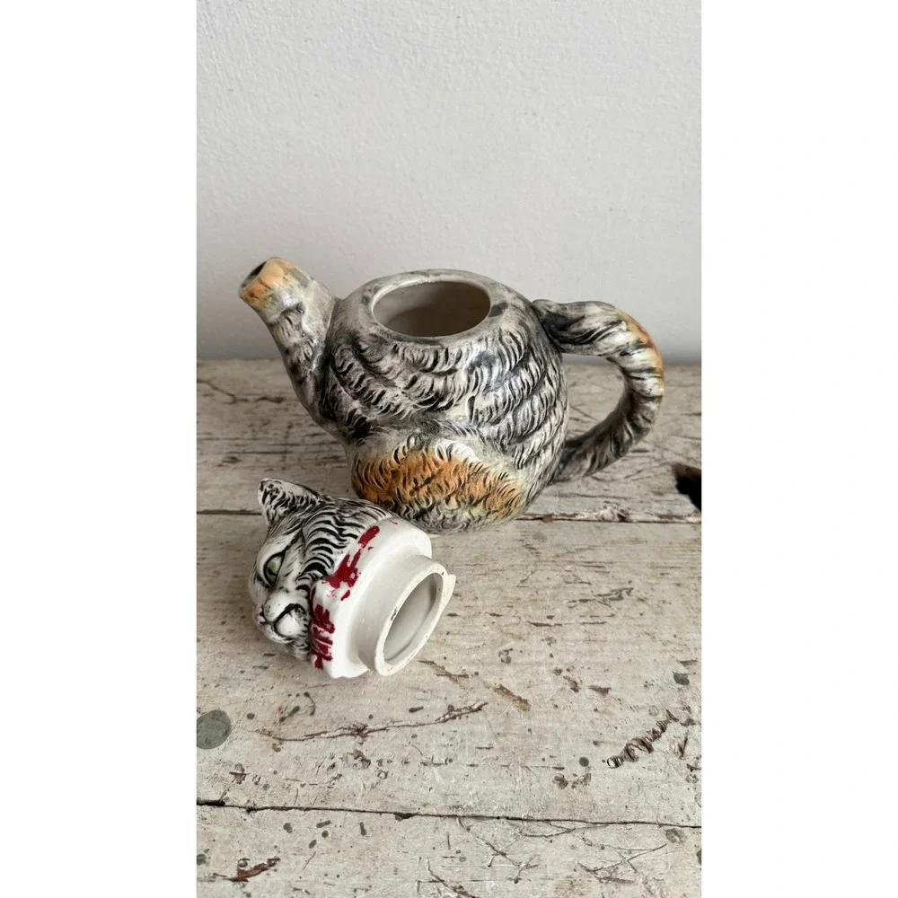 Vintage Japanese Hand Painted Ceramic Cat Teapot Grey Tabby Red Collar